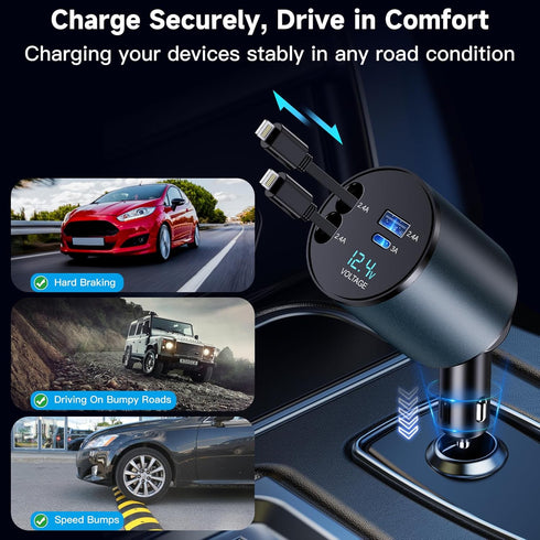Retractable Car Charger, 4 in 1 Fast Car Phone Charger 60W, USB C Car Charger (Dual Lightning Retractable Cords)...