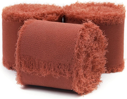 3 Rolls Terracotta Handmade Fringe Fabric Chiffon Silk Ribbon 1.5" x 7Yd Ribbons Set for Wedding Invitations, Bridal Bouquets, Gifts Wrapping, DIY...