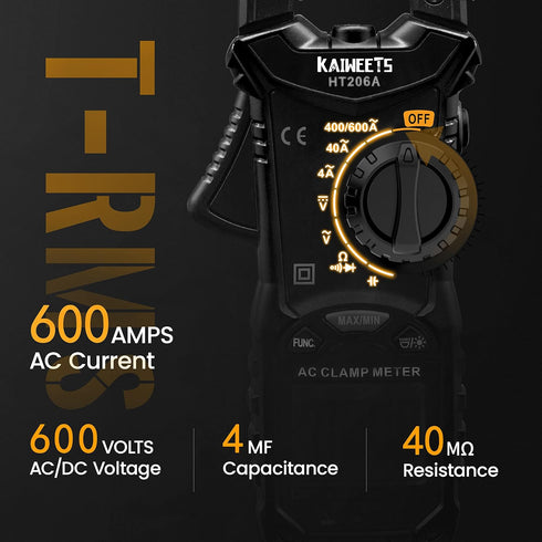 KAIWEETS HT206A Clamp Meter Multimeter TRMS 4000 Counts, Auto-ranging Amp Voltage Tester with Backlight, Measures AC Current, AC/DC Voltage, Capac...