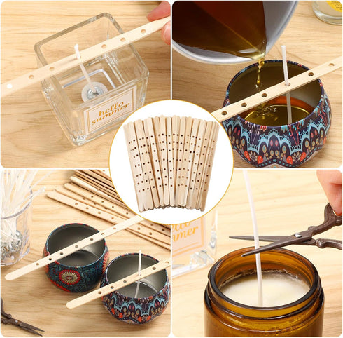 Zonon 100 Pcs 7 Holes Wooden Candle Wick Holders Centering Tool 200 Pcs Candle Wick Stickers for DIY...