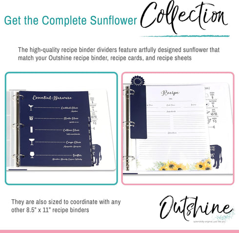 Outshine 12-Pack Recipe Binder Dividers for 3 Ring Binder, Sunflower | 8.5" x 11" Thick Cardstock Binder Dividers with Tabs | includes 28 Adhesive...