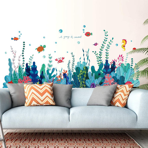 Removable 3D Under The Sea View Grass Wall Decal - DIY Ocean Coral Seaweed Stickers Murals - Peel and Stick Home Decor for Kids Bedroom, Bathroom,...