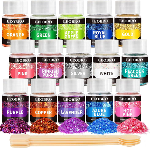 LEOBRO Holographic Chunky Glitter, 15 Colors Craft Glitter for Resin, Nail Body, Jewelry Arts and Crafts, with 5 Mixing Spoons...