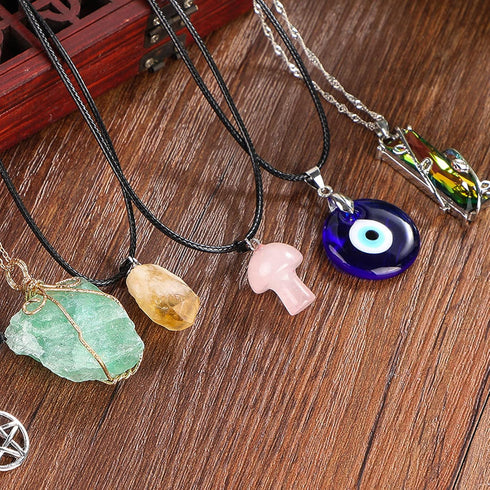 MJartoria Moon Pentagram Necklace Pentacle Crystal Chakra Necklace Charm Pendant Multi Layered Alloy Chain Choker Necklaces Set Gothic Jewelry 9PC...