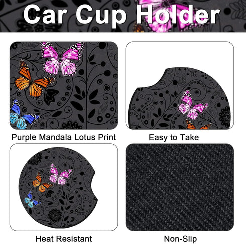 Butterfly Steering Wheel Cover Women Car Accessories Set with Car Cup Holder and Keyring Bracelet Butterflies Design Grip Steering Wheel Cover for...