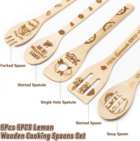 5Pcs Lemon Wooden Cooking Spoons Set, Summer Lemon Theme Kitchen Cooking Utensils Natural Non-Stick Carve Burned Bamboo Spoon Slotted Spatulas Coo...