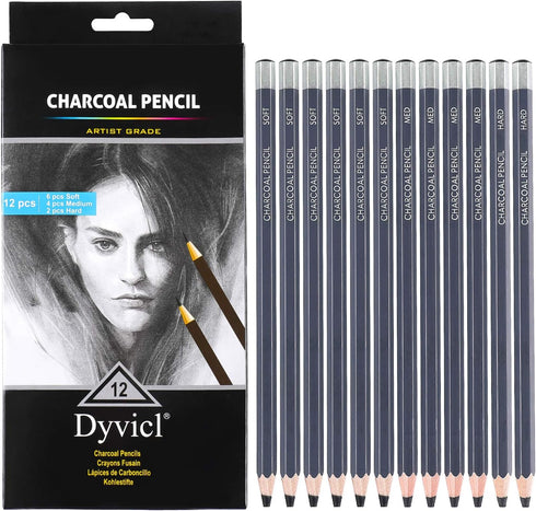 Dyvicl Professional Charcoal Pencils Drawing Set - 12 Pieces Soft, Medium & Hard Charcoal Pencil for Drawing, Sketching, Shading, Artist Pencils f...
