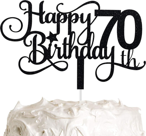Black Glitter 70th Birthday Cake Topper, Happy 70th Birthday Cake Topper, 70th Birthday Party Decorations...