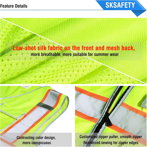 SKSAFETY 10 Pockets Safety Vest, Class 2 High Visibility Security with Zipper Back Mesh, Hi Vis Vest with Reflective Strips, ANSI/ISEA Standard, C...