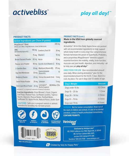 Vetnique Activebliss Dog Multivitamin - Daily Treat with Glucosamine, Omega 3, Digestive Enzymes & Probiotics for Joint, Digestive, & Immune Suppo...