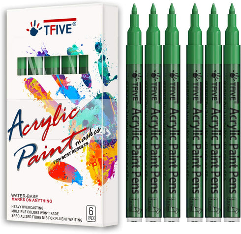 Green Marker Paint Pens - 6 Pack Acrylic Green Permanent Marker, 0.7mm Extra Fine Tip Paint Pen for Art Projects, Drawing, Rock Painting, Stone, C...