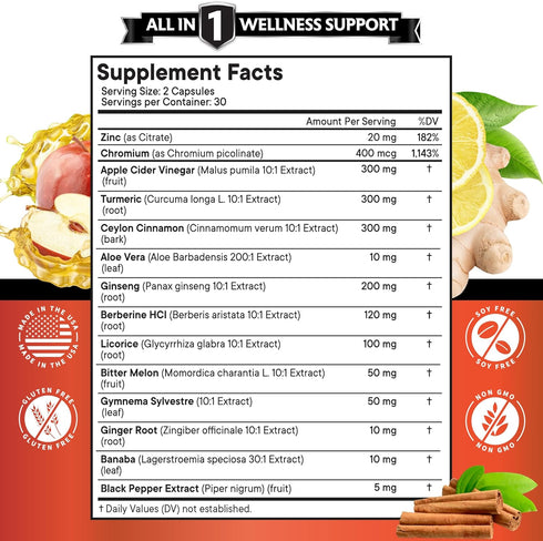 Ceylon Cinnamon 3000mg Turmeric 3000mg Apple Cider Vinegar 3000mg Ginseng 2000mg Aloe Vera 2000mg Berberine 1200mg Plus Banaba, Ginger Root - 120 ...