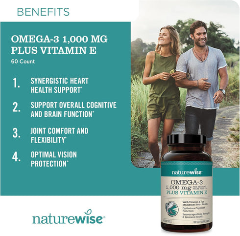 NatureWise Extra-Strength Omega 3 Fish Oil Supplement - 1000mg per Serving - 600 EPA & 400 DHA and Vitamin E - Support for Heart & Brain Health - ...