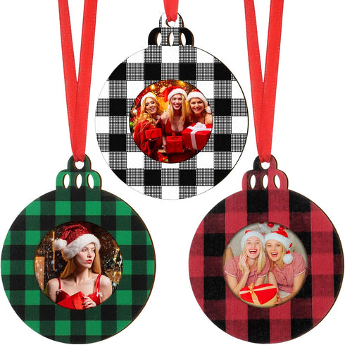 Jetec 12 Pcs Christmas Ball Picture Ornament Bulk Wooden Photo Frame Ornaments Plaid Hanging Decorations for Christmas Tree(Red and Black, Black a...
