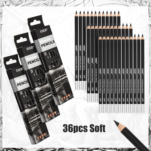 Geyoga 36 Pcs Professional Charcoal Pencils Soft,medium and Hard for Drawing Charcoal Pencils Drawing Set Drawing Pencils for Sketching Shading Dr...