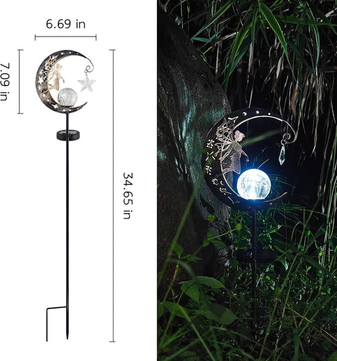 Solar Garden Decor Light - Moon Fairy Stake with Waterdrop & Star Charms, Waterproof Cool White for Patio, Lawn, Pathway, Yard...