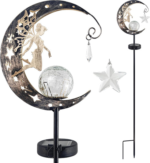 Solar Garden Decor Light - Moon Fairy Stake with Waterdrop & Star Charms, Waterproof Cool White for Patio, Lawn, Pathway, Yard...