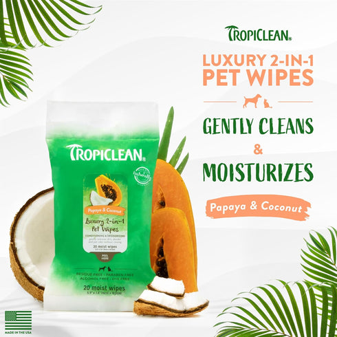 TropiClean Papaya & Coconut Dog Wipes for Paws and Butt | Deep Cleaning Dog Grooming Wipes | Safe for The Face | Cat Friendly | 20 Count...