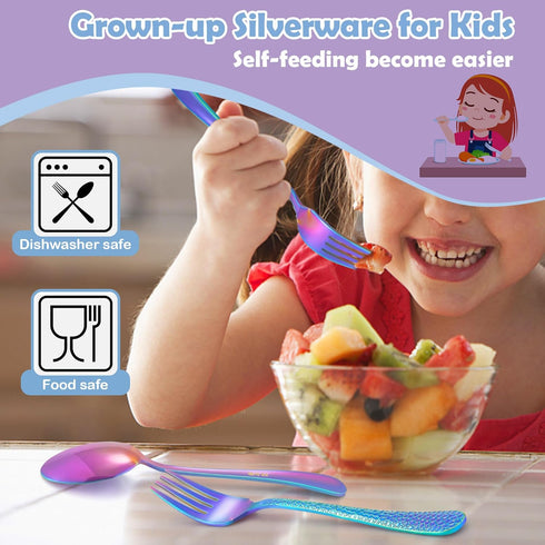 E-far Toddler Forks and Spoons Set, 10-Piece Stainless Steel Toddler Utensils Kids Safe Silverware for Self Feeding, Healthy & Non-Toxic, Rainbow...