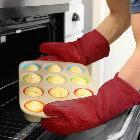 BPA-Free Silicone Oven Mitts Ultra Heat Resistant up to 500°F - Oven Mitts with Thick Cotton Liner - Long Slip Resistant Pot Holders, Flexible Ove...