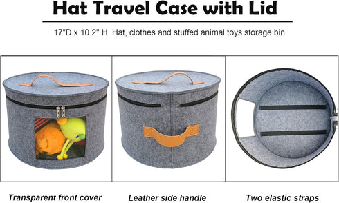 Hat Storage Box 17" D x 10.2" H Hat Travel Case Clothes Storage Bin for Women Stuffed Animal Toy Organizer Closet Organizer Bucket with Lid and Tr...