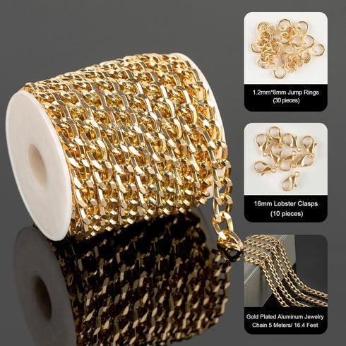 YOUBEIYEE 5 Meters Gold Plated Chain for Jewelry Making Strong Aluminum Cuban Link Chain for Men and Women Necklace DIY Jewelry Chains Bulk...