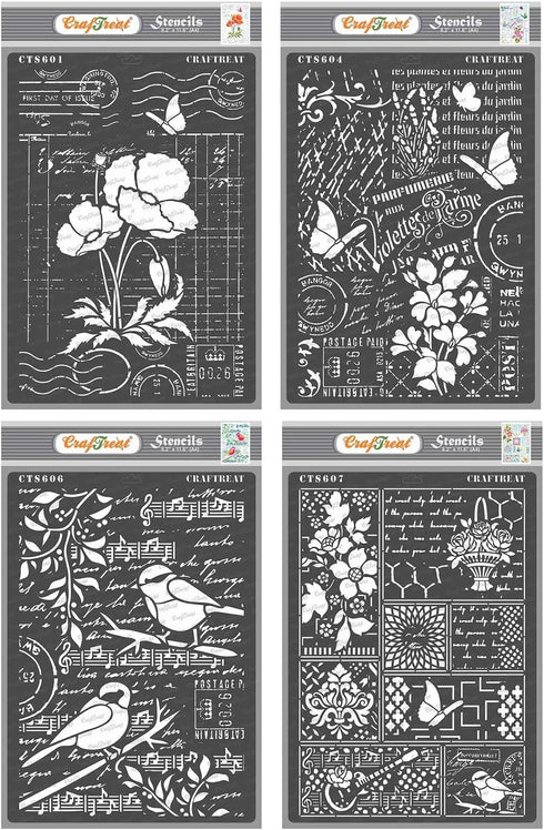 CrafTreat Stencils for Painting on Wood, Canvas and Fabric - Ledger Poppy, Flower Collage, Bird Song & Bits and Pieces - 4 Pcs - Size: A4 (8.3 x 1...