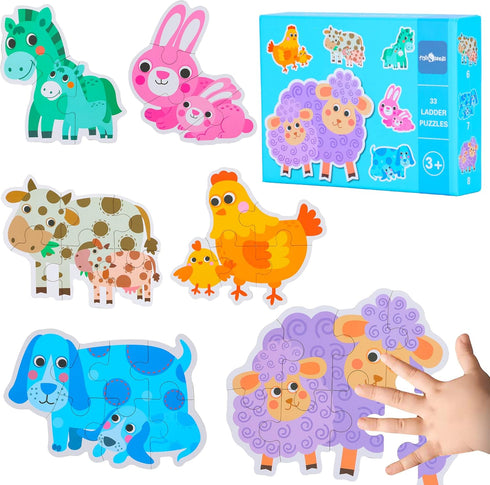 FLYINGSEEDS 6 Packs Parent-Child Themed Wooden Jigsaw Puzzles for Toddlers Ages 1-3, Level-Up Puzzles for Beginner, Montessori Learning Toys Presc...