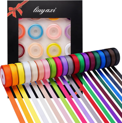 LIUYAXI 100 Yards Solid Grosgrain Ribbon, 3/8" X 5 Yard/Roll, 20 Colors Rainbow Multicolor Fabric Ribbons Roll Perfect for Crafts Gifts Wrapping F...