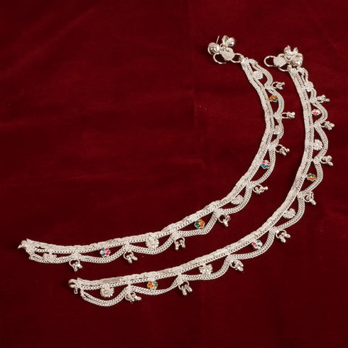 Touchstone NEW Indian Bollywood Traditional Handcrafted Jaipur Floral Meenakari Enamel Sweet Sound Designer Jewelry Payal Paazeb Anklets in Silver...