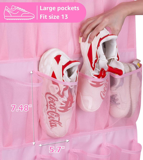 MISSLO Kids Over the Door Shoe Organizer Pink Hanging Shoe Rack Baby Toddler Hanging Shoe Organizer Cute Shoe Holder Girl Room Decor 28 Pockets...