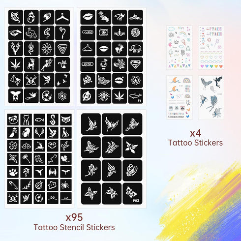 Temporary Tattoo Markers for Skin, 10 Pens Make Bold and Fine Lines,95 Tattoo Stencil Papers, 103 Tattoos Stickers, for Kids and Adults...
