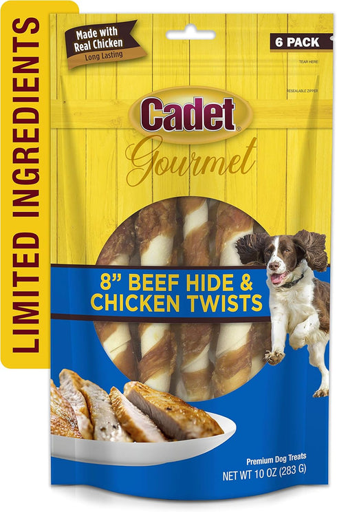 Cadet Gourmet Beef Hide Twist Chew Sticks, Long Lasting & Natural Chew Treats for Dogs, Inspected & Tested in USA, Chicken Flavor (6 Count)...