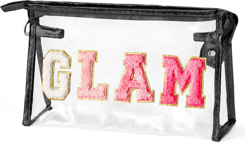 Preppy Patch Cosmetic Bag - Summer GLAM Chenille Varsity Letter Toiletry Bag Transparent PVC Zipper Makeup Bag Waterproof Portable Travel Beach Ba...