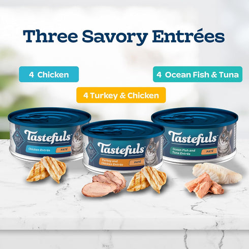 Blue Buffalo Tastefuls Wet Cat Food Paté Variety Pack, Made with Natural Ingredients | Chicken, Turkey & Chicken, and Ocean Fish & Tuna Entrées, 5...
