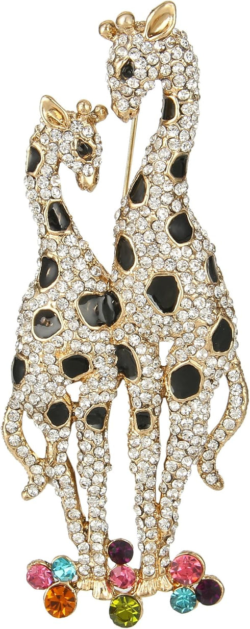 EVER FAITH Austrian Crystal Black Enamel Lovely Mother Giraffe and Child Family Brooch...