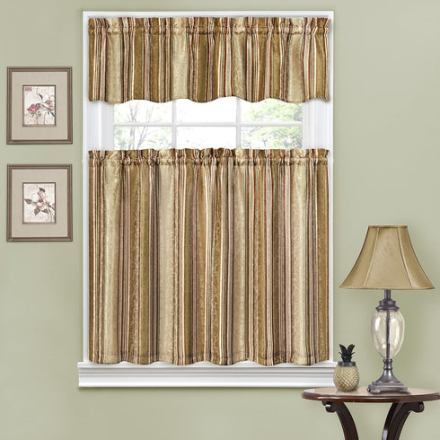Waverly Traditions Stripe Ensemble Rod Pocket Cafe Tier and Valance Set for Windows in Kitchen or Bathroom, Double Panel, 52" x 36", Antique...