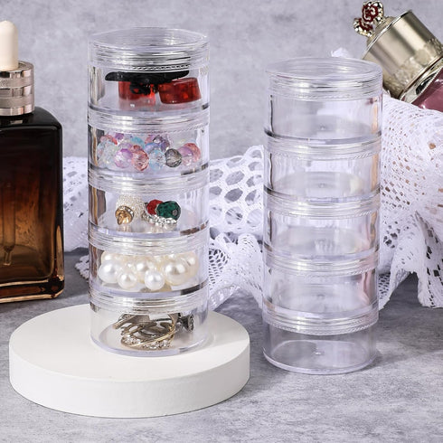 2 Sets 5 Layer Stackable Bead Storage Plastic Storage Jars Stackable Clear Containers Round Plastic Cosmetic Storage Box Art Craft Accessory Organ...