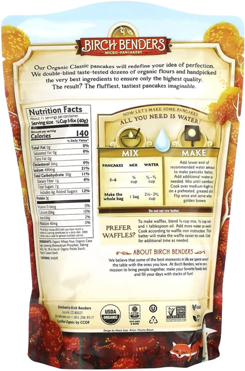 Organic Pancake and Waffle Mix, Classic Recipe by Birch Benders, Whole Grain, Non-GMO, Just Add Water, 16oz (Packaging may vary)...