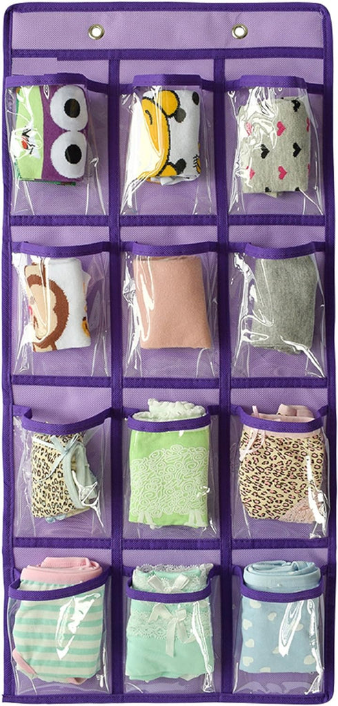 NIMES Hanging Closet Underwear Sock Jewelry Storage Over The Door Classroom Cell Phone Calculator Organizer 12 Clear Pockets (Purple)...