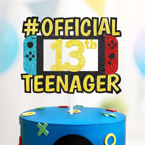 13th Official Teenager Cake Topper Decorations - Birthday Theme Picks Cheers to 13 Years Old game Party Decoration- Handmade black gold red blue G...