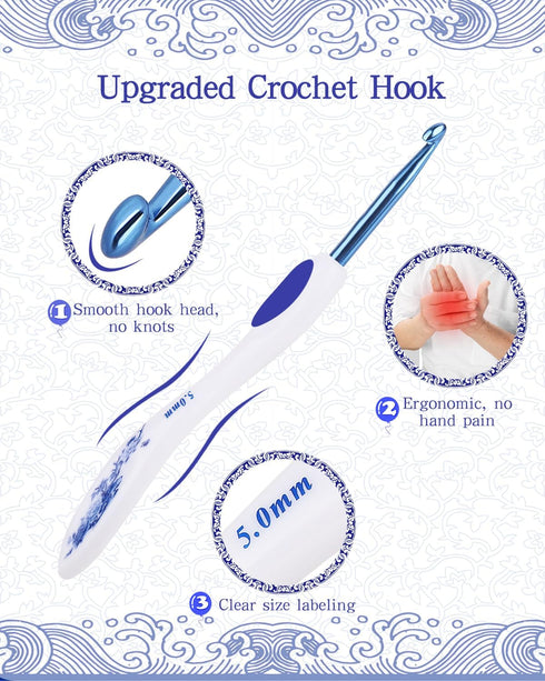 Coopay 8pcs Crochet Hook, Blue & White Porcelain Pattern Ergonomic Handle Crochet Needles for Crocheting, Anti-Slip Design and Premium Material, I...