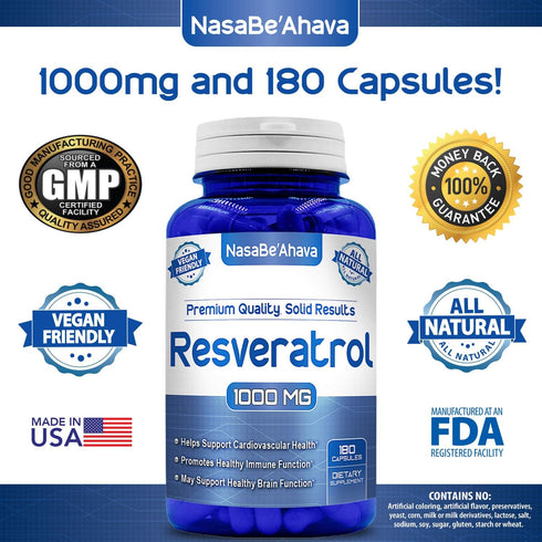 NASA Beahava 100% Pure Resveratrol - 1000mg Per Serving Max Strength (180 Capsules) Antioxidant Supplement Extract, Natural Trans-Resveratrol Pill...