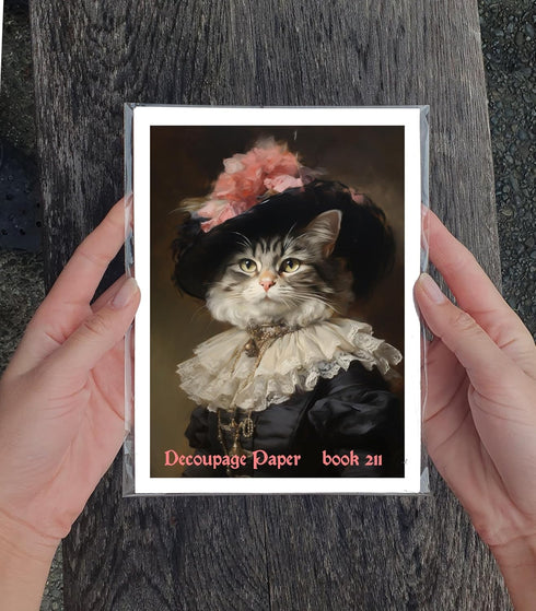 Decoupage Paper Pack (35 Sheets 6"x8") Funny Fancy Cats Wearing Victorian Era Dresses in Pink Castles FLONZ Vintage Illustration Pictures Cards fo...