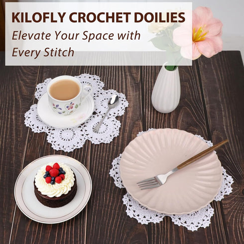 kilofly Crochet Cotton Lace Table Placemats Doilies Pack, 4pc, White, Blossoms, 10 inch...