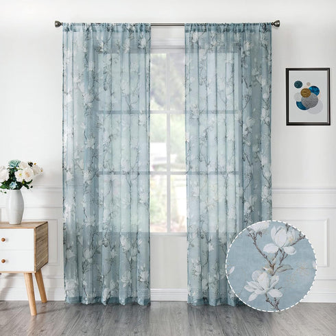 Tollpiz Floral Blue Sheer Curtains Flower Print Vine Embroidery Bedroom Curtain Rod Pocket Voile Window Curtains for Living Room, 54 x 63 inches L...
