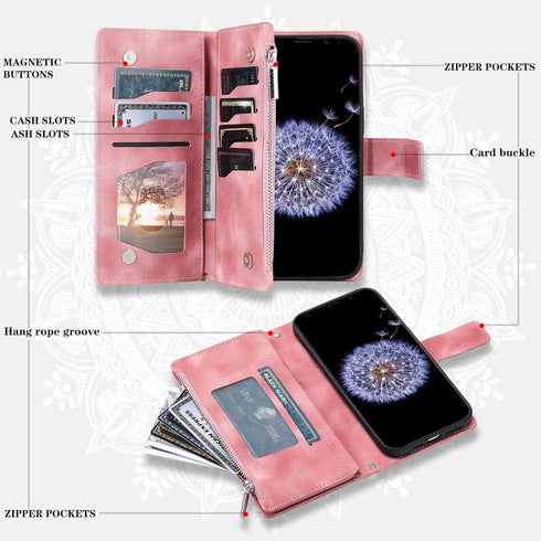 Asuwish Phone Case for Samsung Galaxy S9 Plus Wallet Cover with Tempered Glass Screen Protector and Wrist Strap Mandala Flower Flip Zipper Card Ho...