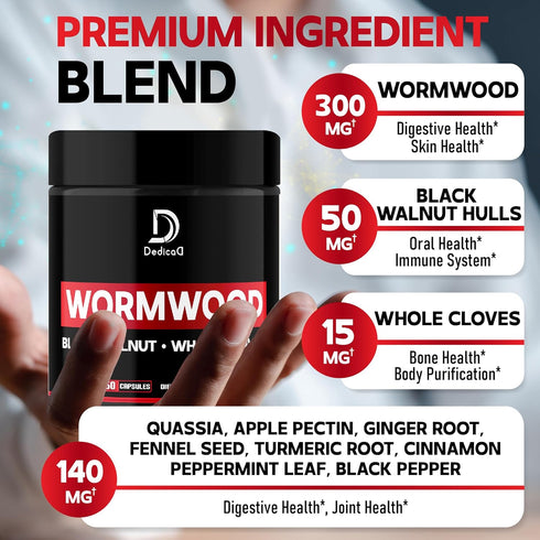 Wormwood Capsules - 12 Herbs Blended Black Walnut, Cloves, Ginger, Turmeric, Cinnamon, Apple, Quassia - 2 Packs 50 Capsules - Support Digestive, I...