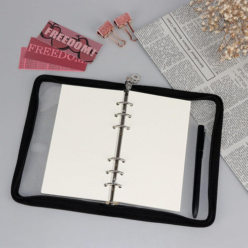Multibey A5 Binder Cover Clear Soft PVC 6-Ring Binder Budget Evelopes System with Zipper Planner Organizer Refillable Notebook Journal Binder (Bla...