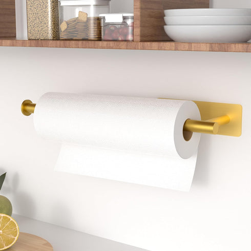 Paper Towel Holder Under Cabinet - Gold Paper Roll Holder Wall Mount, Stainless Steel, Self-Adhesive or Drilling, for Kitchen, Bathroom, RV...